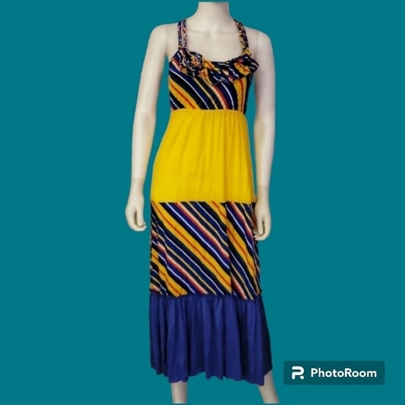 Vtg FASHION WEEK Rainbow Striped Tiered Braided Colorblock Artsy Slip Dress - Picture 1 of 12